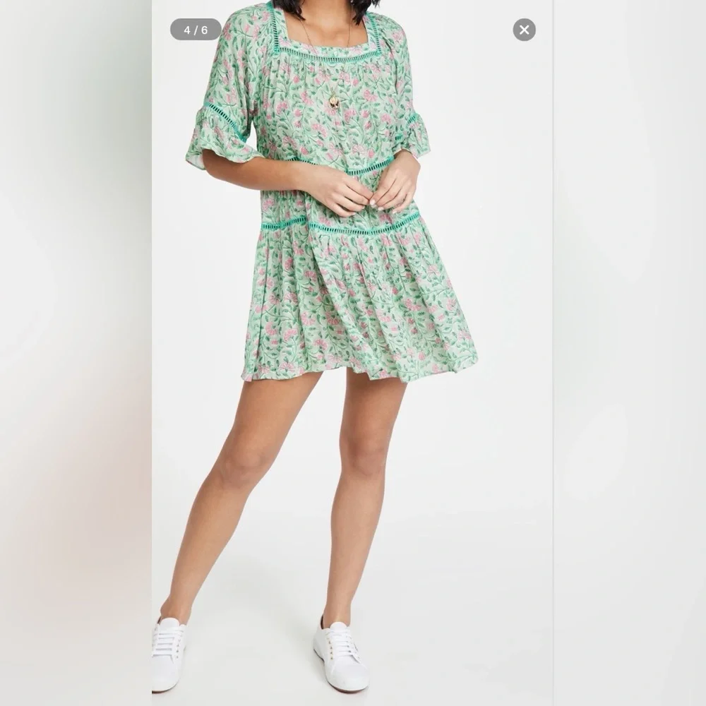 Playa Lucila Green Floral Mini Dress Ruffle Sleeve Boho Spring Summer Dress - Picture 1 of 10
